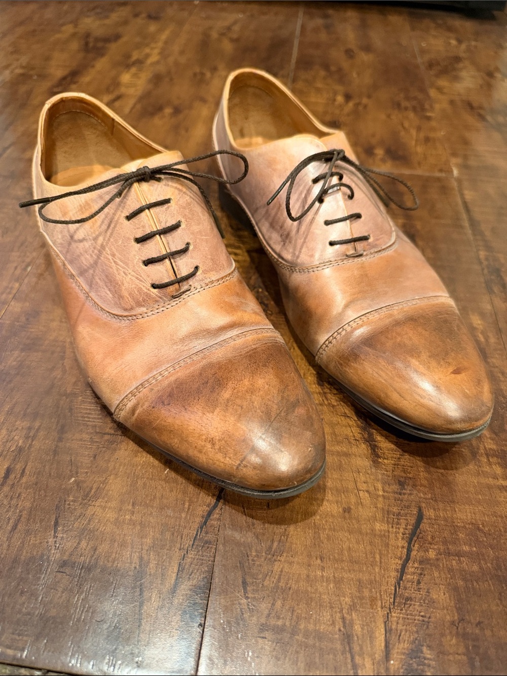 Zara Man Men's Distressed Cap-Toe Dress Shoes in Brown Faux Leather- 44